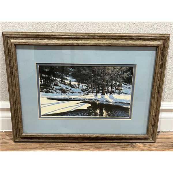 Landscape river scene in snow print in frame, R Heichberger