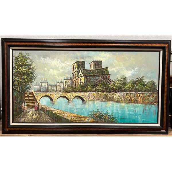 French River Cityscape, walking along river, Conden, 55x31" Framed
