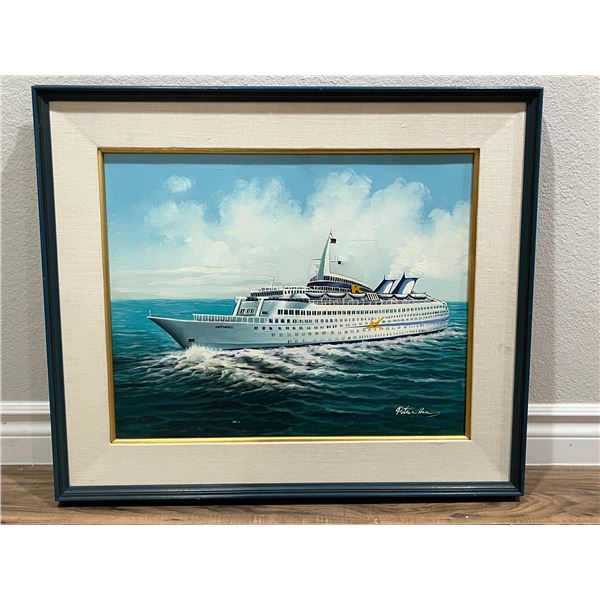 Skyward Ship in Sea Painting in Frame, Peter Han, 27x22" framed