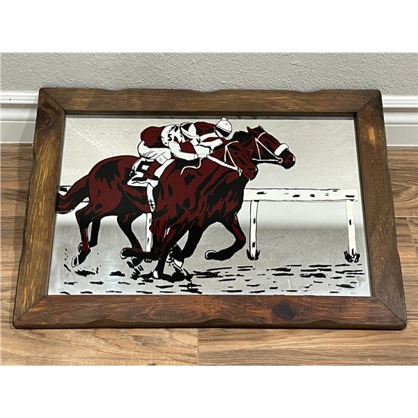 Horse Racing Mirror Finish Art in Wood Rustic Frame, 20.5x14.5"