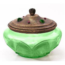 Jeweled Green Depression Glass Powder Jar #2317903
