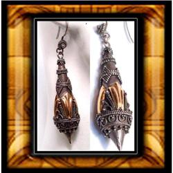 Vintage Rose gold etruscan silver drop earrings#2318330