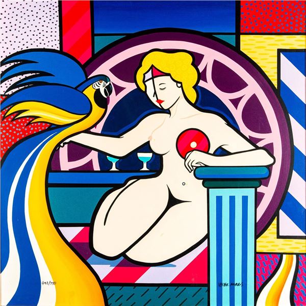 Valter Morais (Brazilian b. 1948) Giclee on Canvas, Parrot and Woman