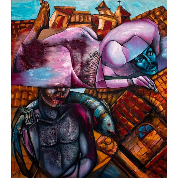 Israel Gonzalez Rivero (Cuban b. 1964) Mixed Media on Linen Canvas, Ochun y El Pescador
