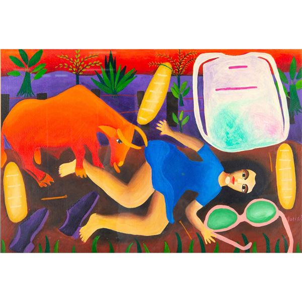 Toribia Dominguez (Costa Rican 1896-1974) Oil on Board, El Toro Emocionado