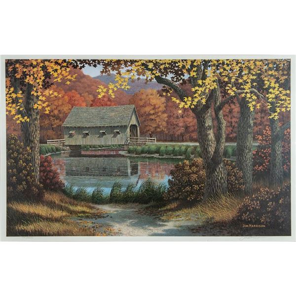 Framed Jim Harrison Lithograph, Covered Bridge In Fall