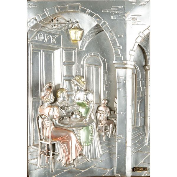 Italian Sterling Silver Relief Sculpture Wall Art Cafe Scene