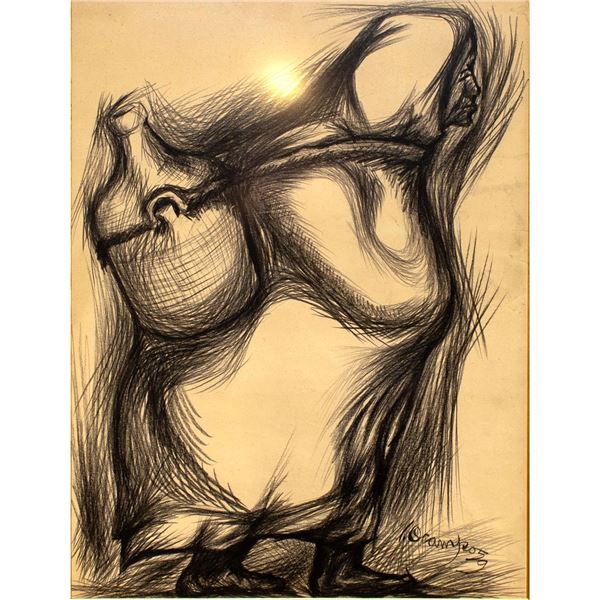 Isidoro Ocampo (Mexican 1910-1983) Charcoal on Woven Paper, Woman With Jug