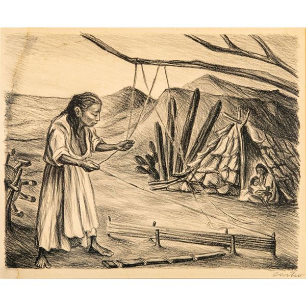Fernando Castro Pacheco (Mexican 1918-2013) Lithograph, Working with Ixtle