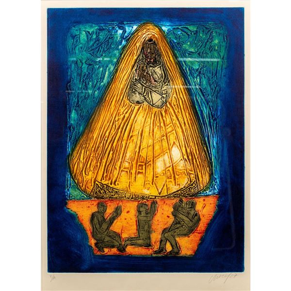 Choco, Eduardo Roca Salazar (Cuban b. 1949) Original Collagraph on Paper, La Virgencita