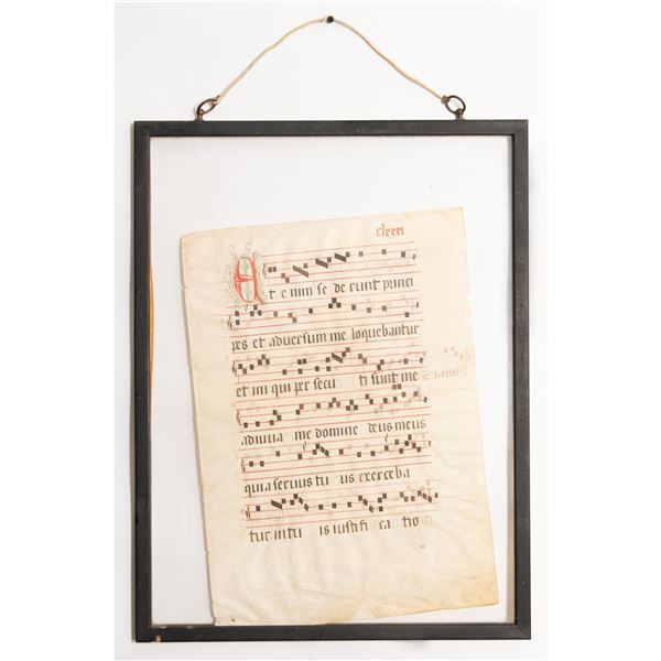 1200 AD Monk Music Sheet on Vellum, Framed.