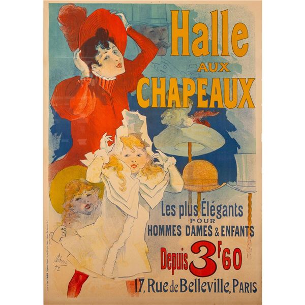 Framed Jules Cheret Antique Poster, Halle aux Chapeaux
