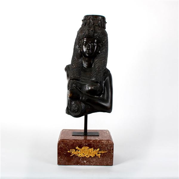 Cast Bronze Bust on Marble Base, Egyptian Goddess