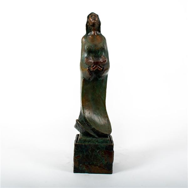 Vintage Art Bronze Sculpture, Woman With Basket, Signed
