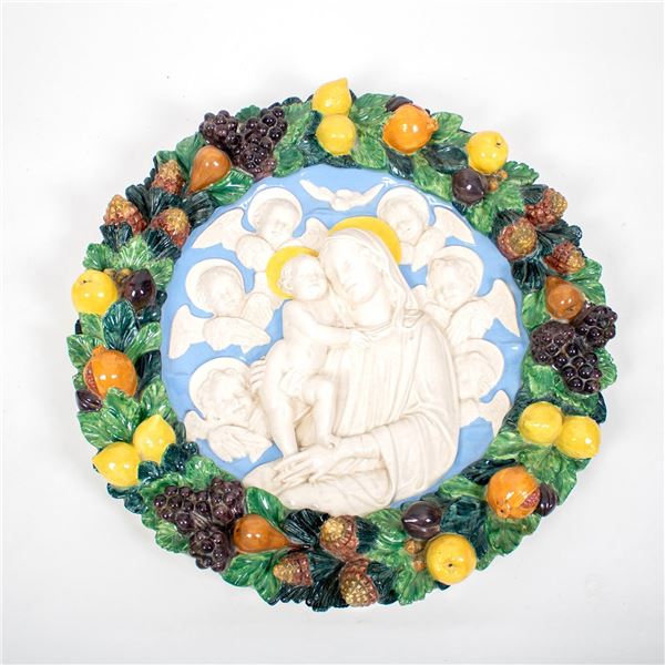 Della Robbia Style, Large Terracotta Wall Plaque, Madonna and Child