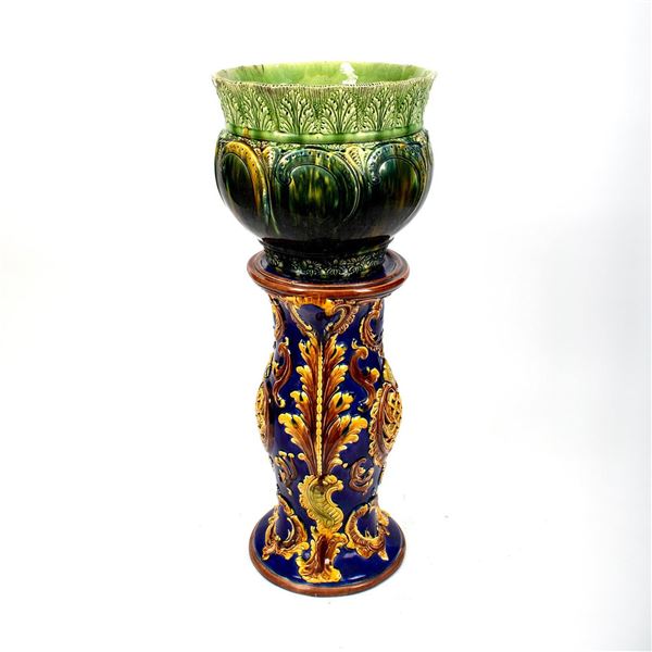 Circa 1900 Antique Majolica Jardiniere with Pedestal Stand