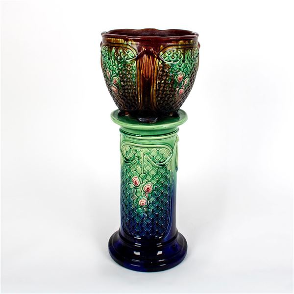Vintage Majolica Floral Jardiniere with Pedestal Stand
