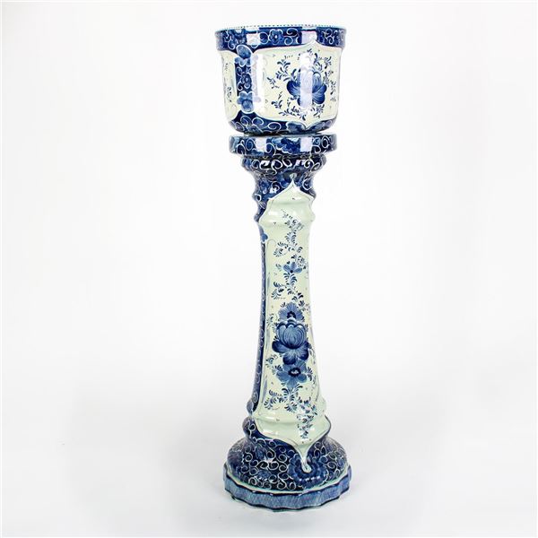 Delft Ceramic Floral Jardiniere with Pedestal Stand