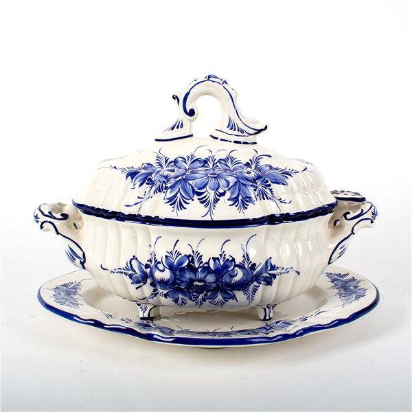 Blue and White Ceramic Soup Tureen, Ladle and Platter Plate