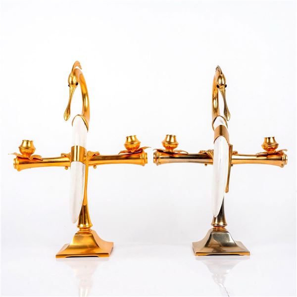 Pair of Brass Heron Bird Candle Holders with Faux Tusk Body