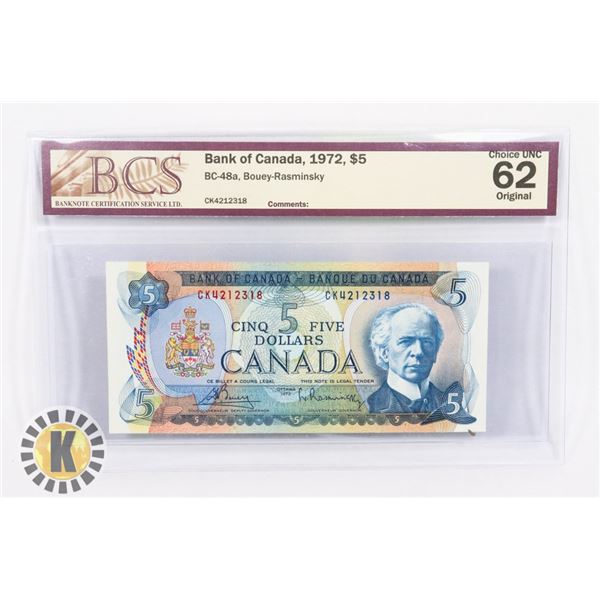 1972 CANADIAN $5 BOUEY-RASMINSKY BANK NOTE
