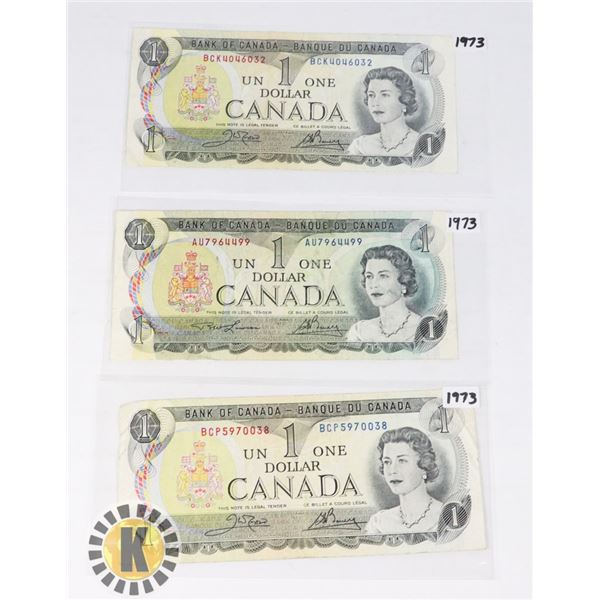 THREE CANADIAN 1973 ONE DOLLAR BANK NOTES