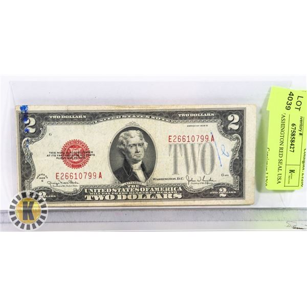1928 G WASHINGTON RED SEAL USA $2 BILL