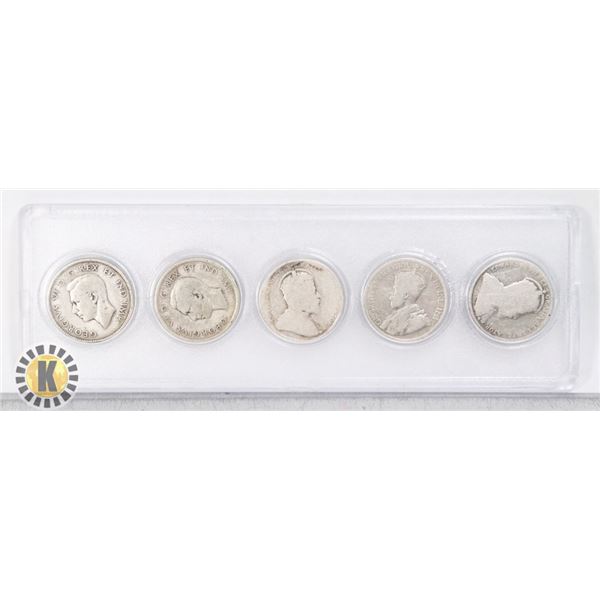 FIVE OLD CANADIAN SILVER QUARTERS