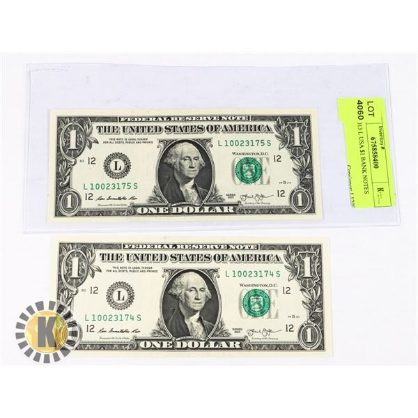 TWO 2013 L USA $1 BANK NOTES