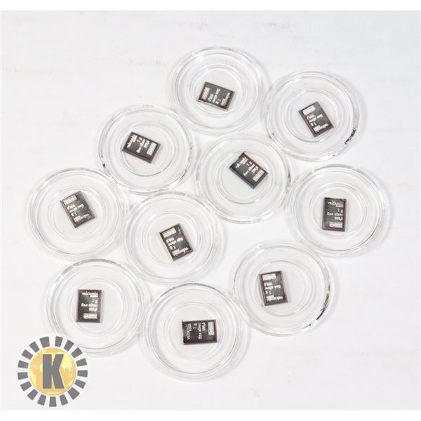 LOT OF 10 FINE SILVER 1G BARS IN CAPSULES
