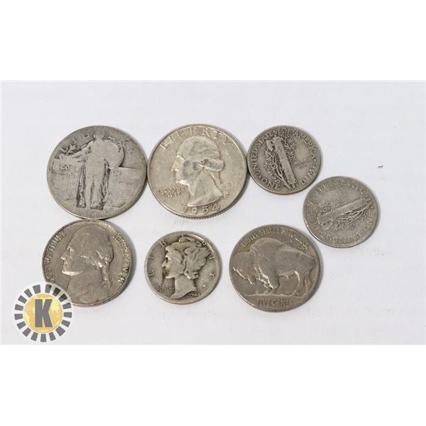 LOT OF 7 ASSORTED SILVER US COINS