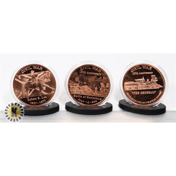 THREE 1-OZ COPPER AMERICAN CIVIL WAR