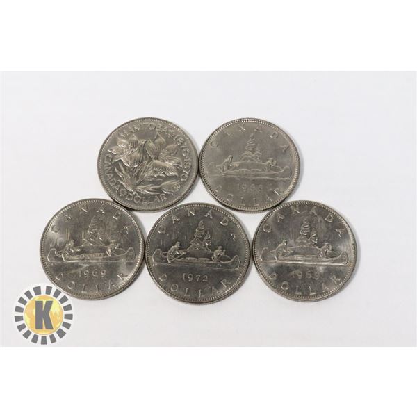 FIVE CANADIAN NICKLE DOLLAR COINS, YEARS INCLUDE