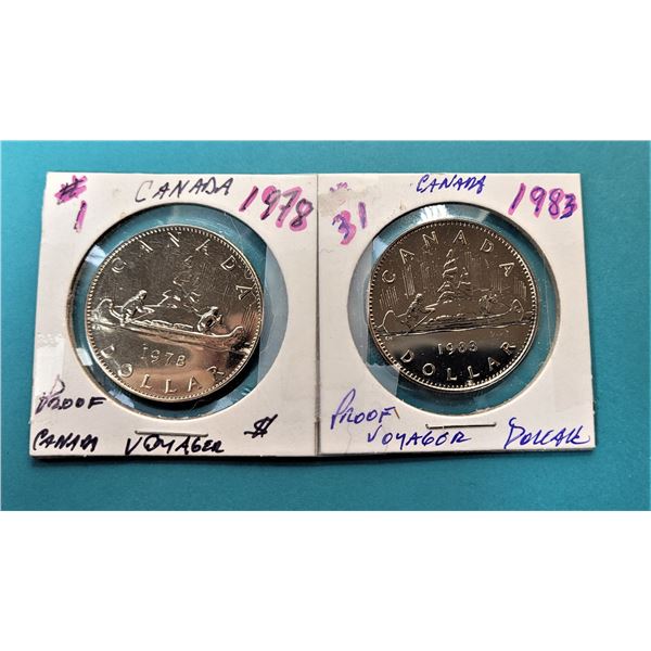 7)  LOT OF 2 CANADIAN SILVER DOLLARS, 1978 & 1983