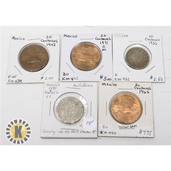 3)  LOT OF 5 MEXICAN COINS: 1980 - 50 CENTAVO, 197