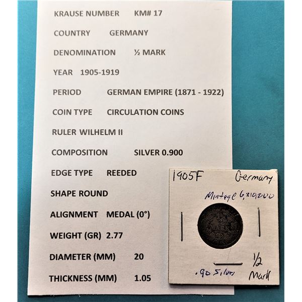 1)  GERMAN 1905F  1/2 MARK COIN.