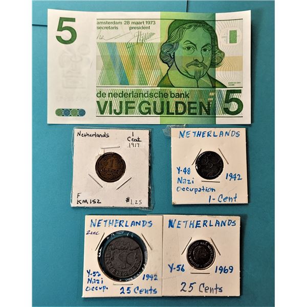8)  LOT OF 5 DUTCH COINS AND 1 BANKNOTE