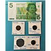 Image 1 : 8)  LOT OF 5 DUTCH COINS AND 1 BANKNOTE