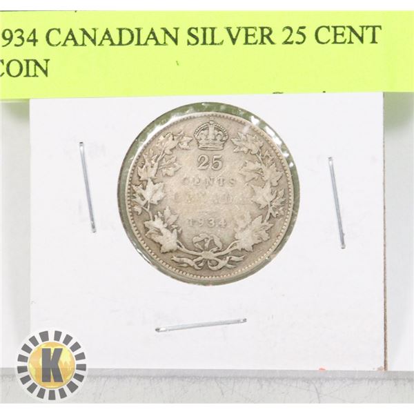 1934 CANADIAN SILVER 25 CENT COIN