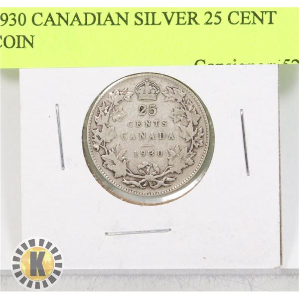 1930 CANADIAN SILVER 25 CENT COIN