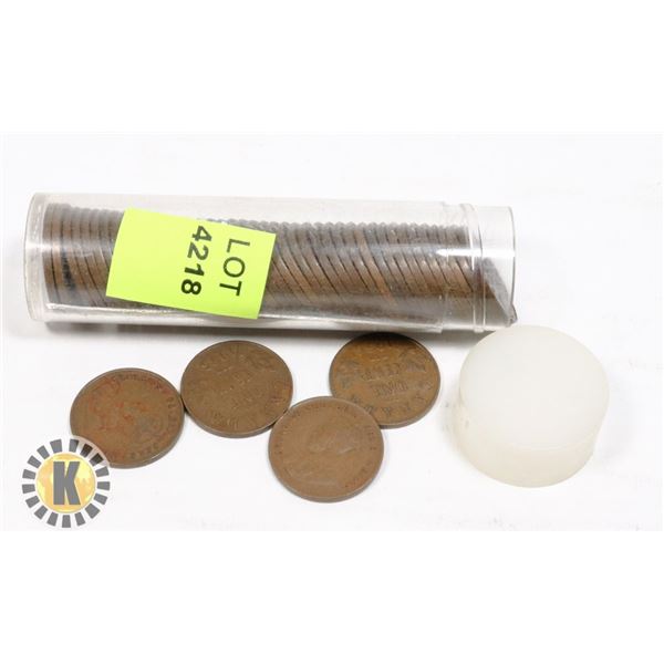 TUBE OF CANADIAN PENNIES, MOST APPEAR TO BE FROM