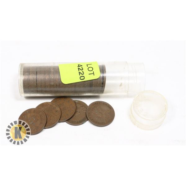TUBE OF CANADIAN PENNIES, MOST APPEAR TO BE FROM E