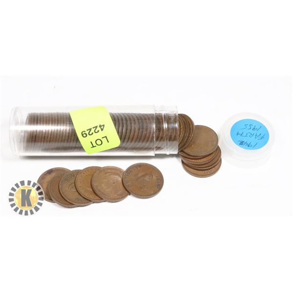 TUBE OF FARTH COINS, MARKED 1942-1955