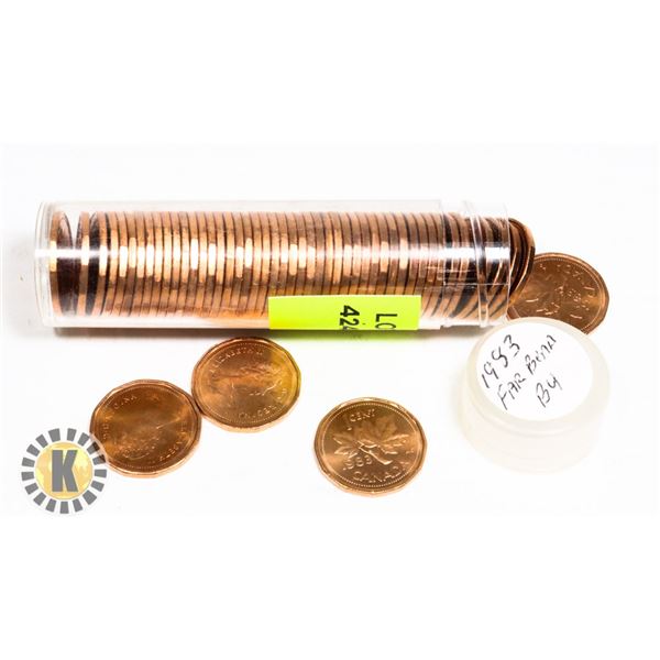TUBE OF 1983 CANADIAN PENNIES MARKED FAR BEAD BU
