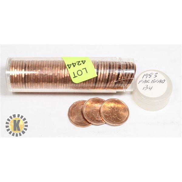TUBE OF 1983 CANADIAN PENNIES MARKED FAR BEAD BU