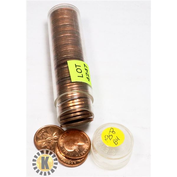 TUBE OF 1958 CANADIAN PENNIES MARKED BU