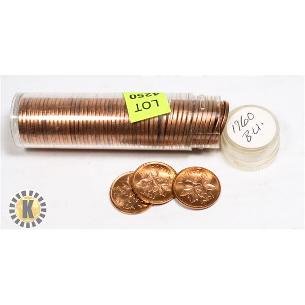TUBE OF 1960 CANADIAN PENNIES MARKED BU