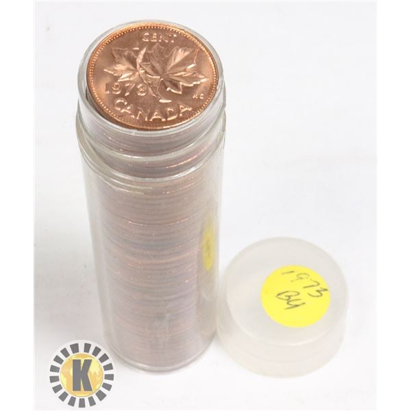 TUBE OF 1973 CANADIAN PENNIES MARKED BU
