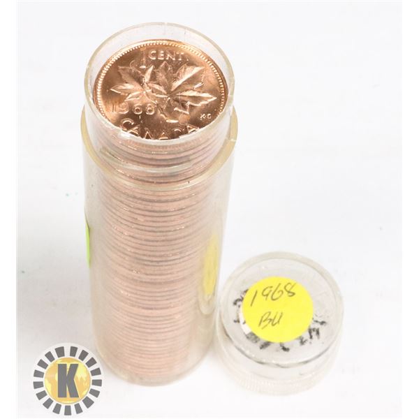 TUBE OF 1968 CANADIAN PENNIES MARKED BU