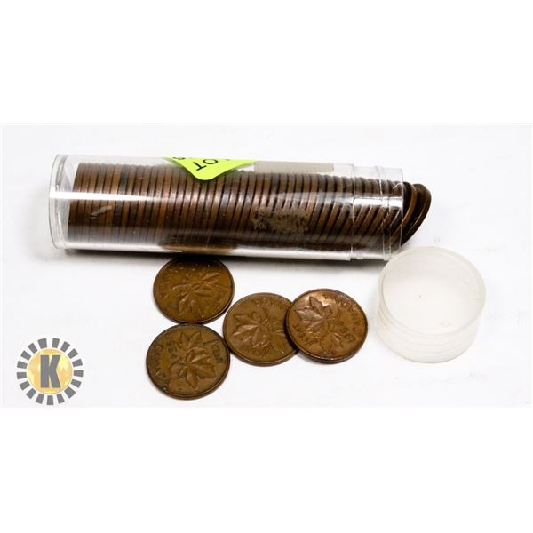 TUBE OF 1954 CANADIAN PENNIES MARKED GOOD ONES